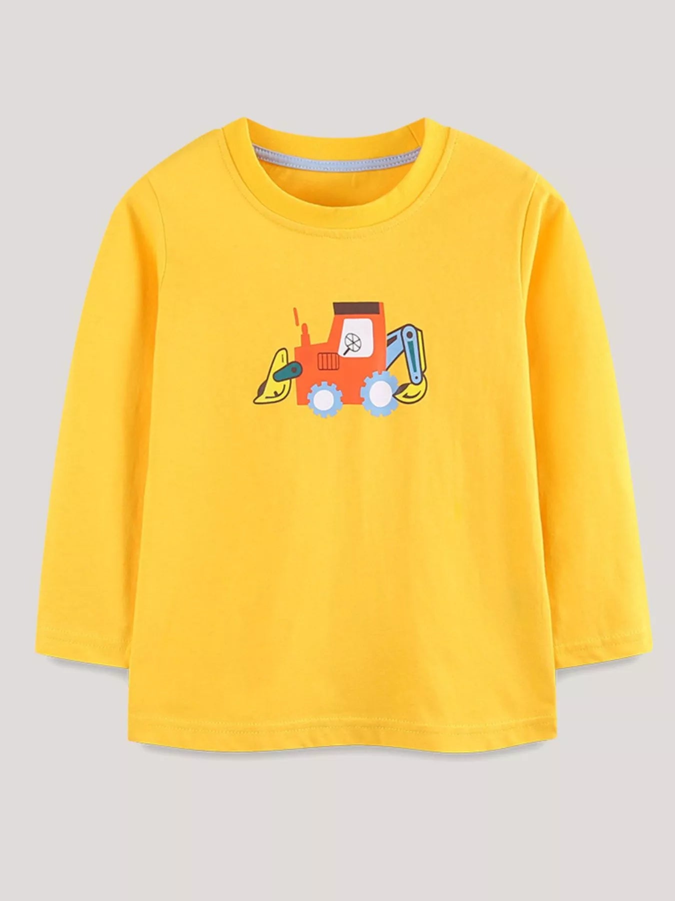 Children's yellow long-sleeve T-shirt featuring a cartoon excavator design.