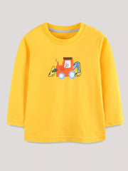 Children's yellow long-sleeve T-shirt featuring a cartoon excavator design.