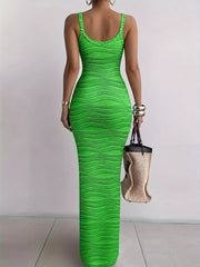 Bright green sleeveless bodycon maxi dress with wavy textured fabric viewed from behind