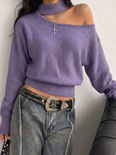 Lavender knit sweater with off shoulder cutout and ribbed choker collar worn on model