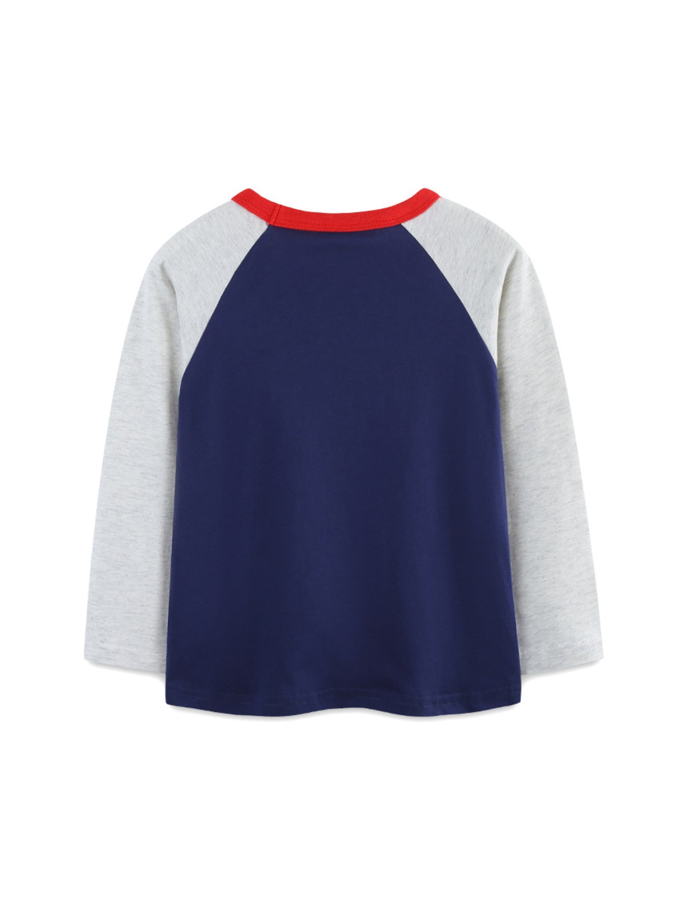 Back view of the dark navy children's long sleeve tee with grey raglan sleeves