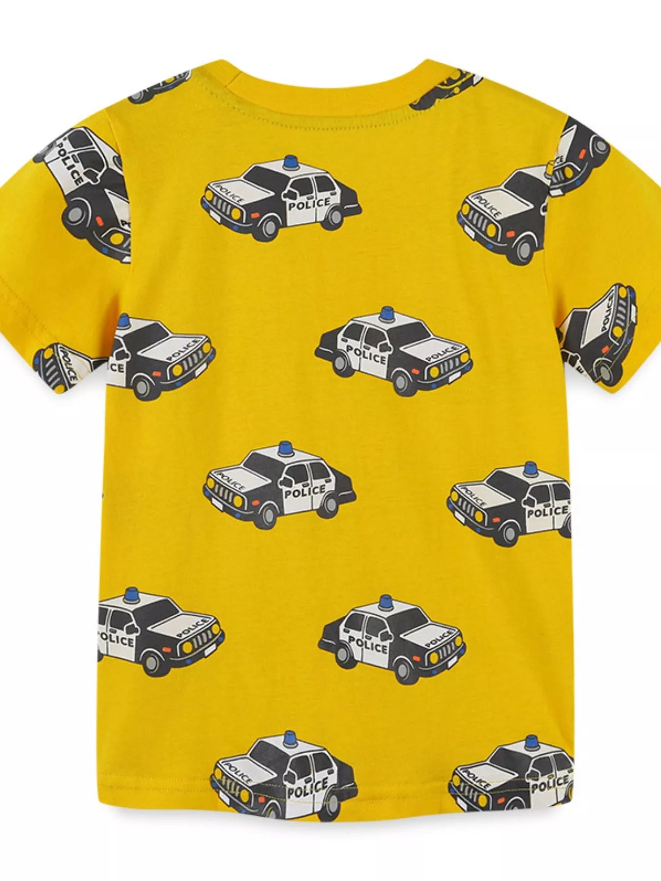 Back view of yellow children's short sleeve t-shirt with all over police car print