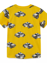 Back view of yellow children's short sleeve t-shirt with all over police car print