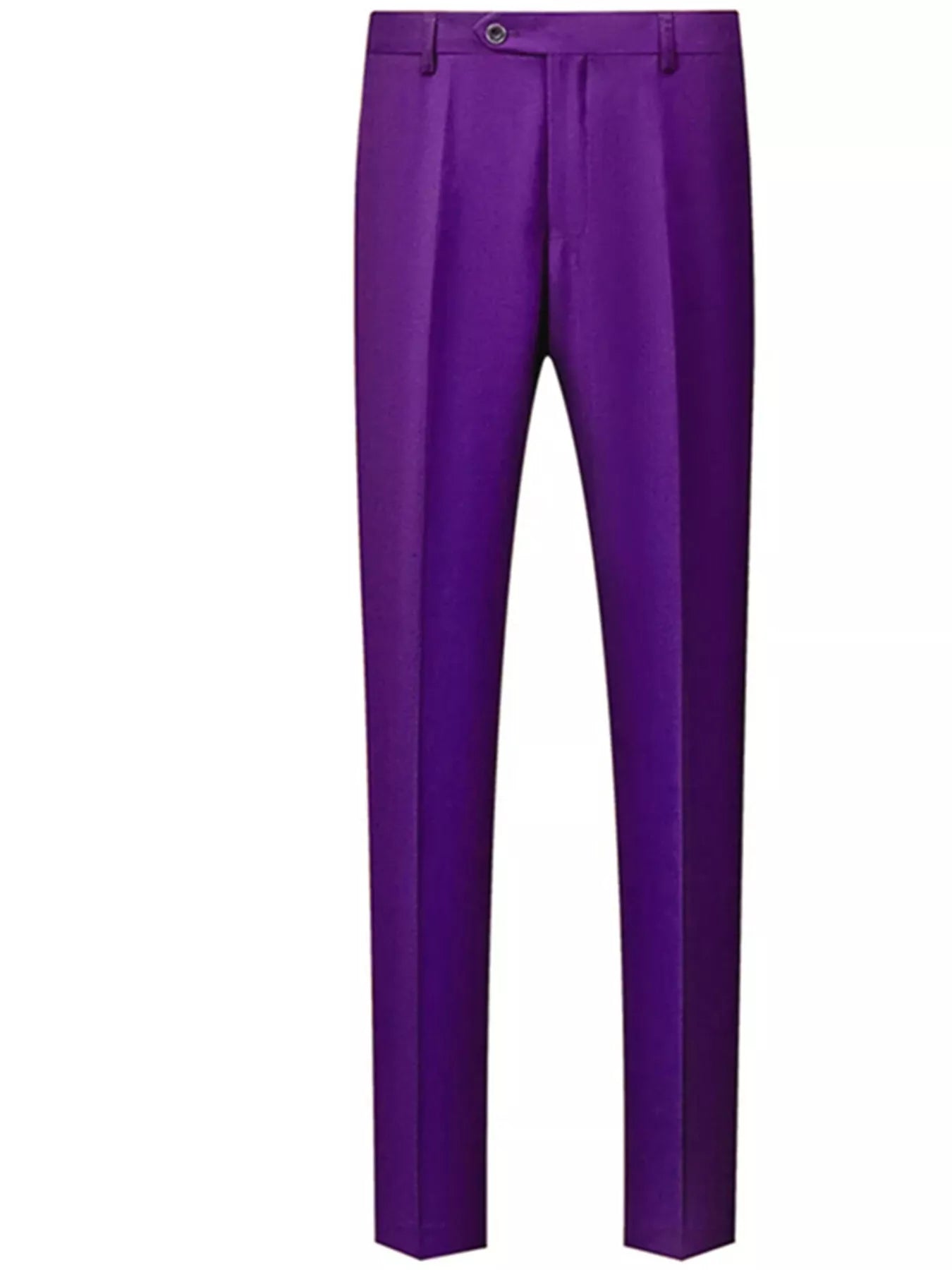 Men's purple dress pants with a slim fit and button closure.