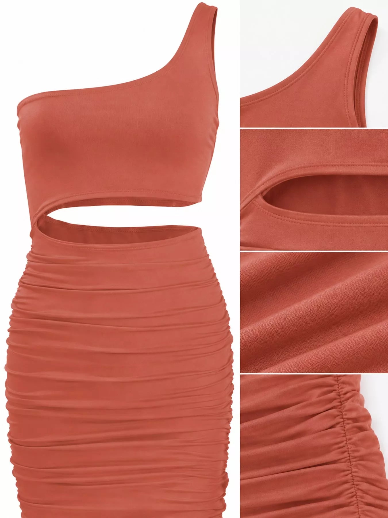 Orange powder one shoulder cutout ruched bodycon mini dress flat lay with close detail views of neckline cutout and fabric