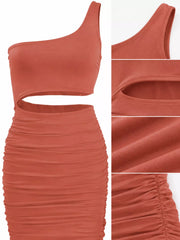 Orange powder one shoulder cutout ruched bodycon mini dress flat lay with close detail views of neckline cutout and fabric