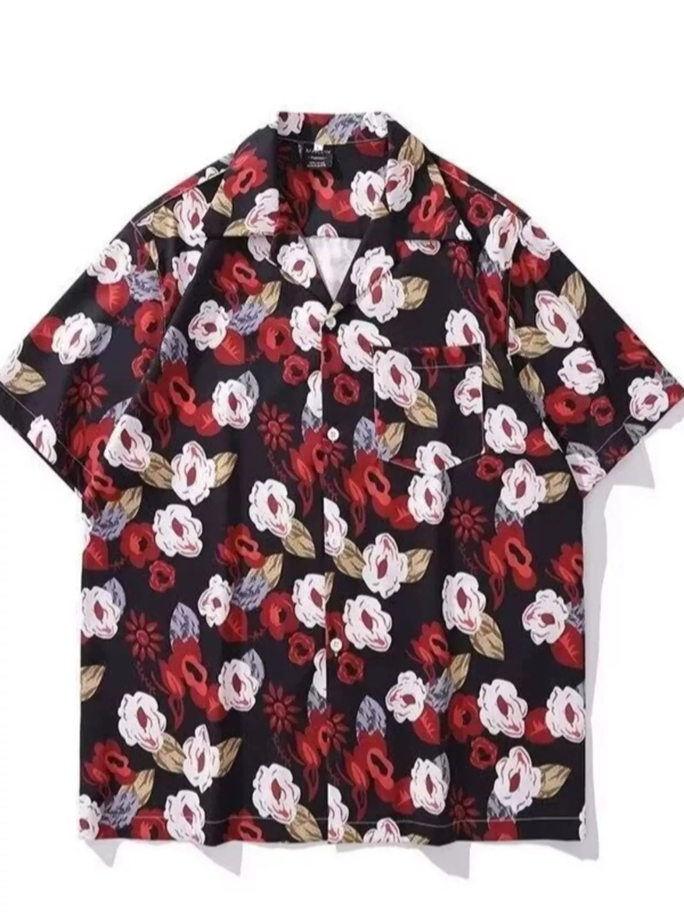 Men's plus-size floral-print shirt with short sleeves in a cotton-spandex blend.