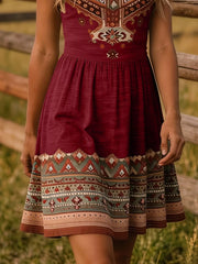 Close view of burgundy tribal print dress skirt with patterned border hem