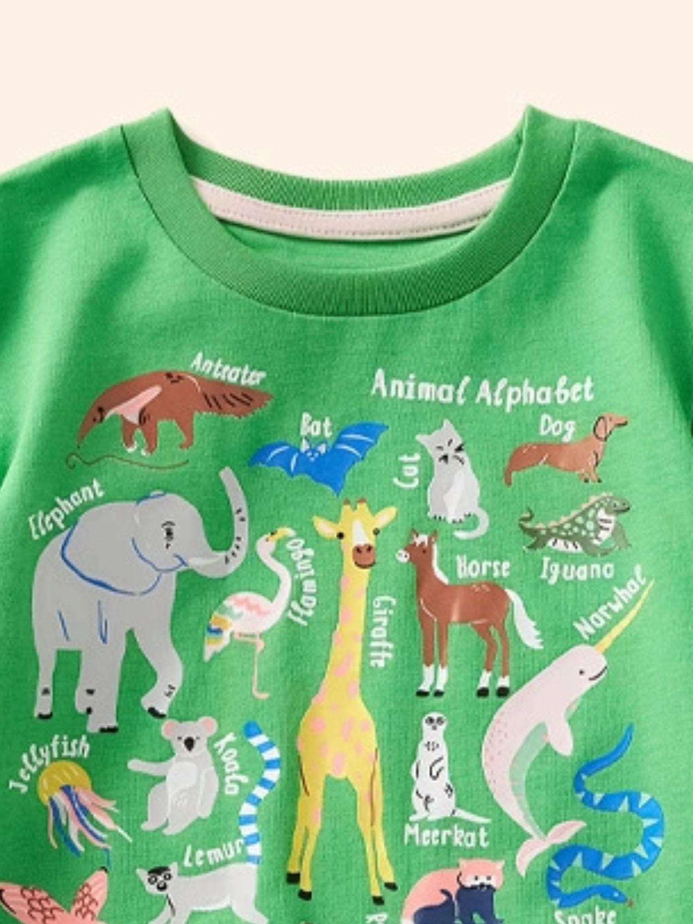 Detail view of the green crew neckline and upper animal alphabet print on a children's green t-shirt