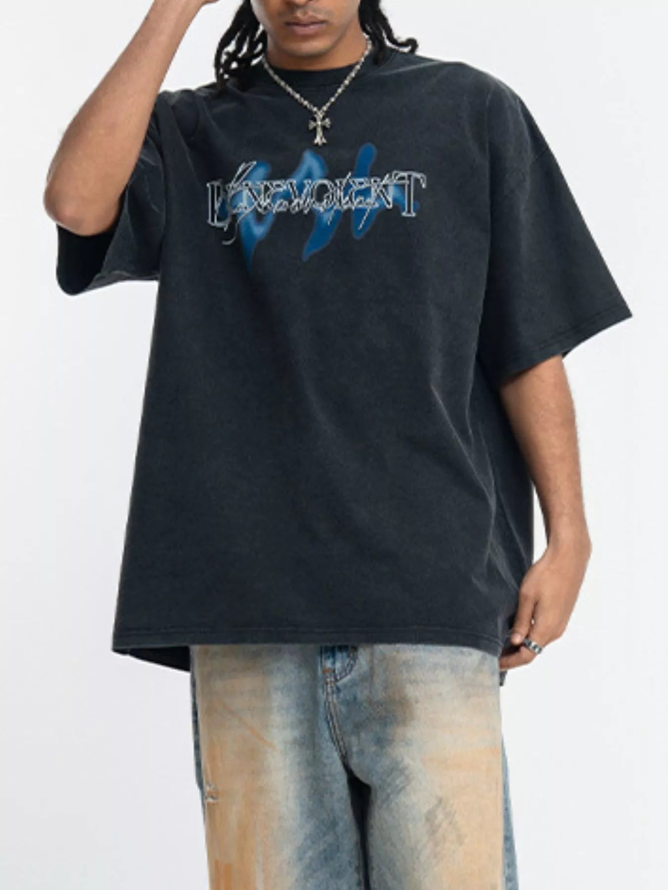 Men's vintage-washed graphic T-shirt in a cotton-spandex blend with moderate stretch.