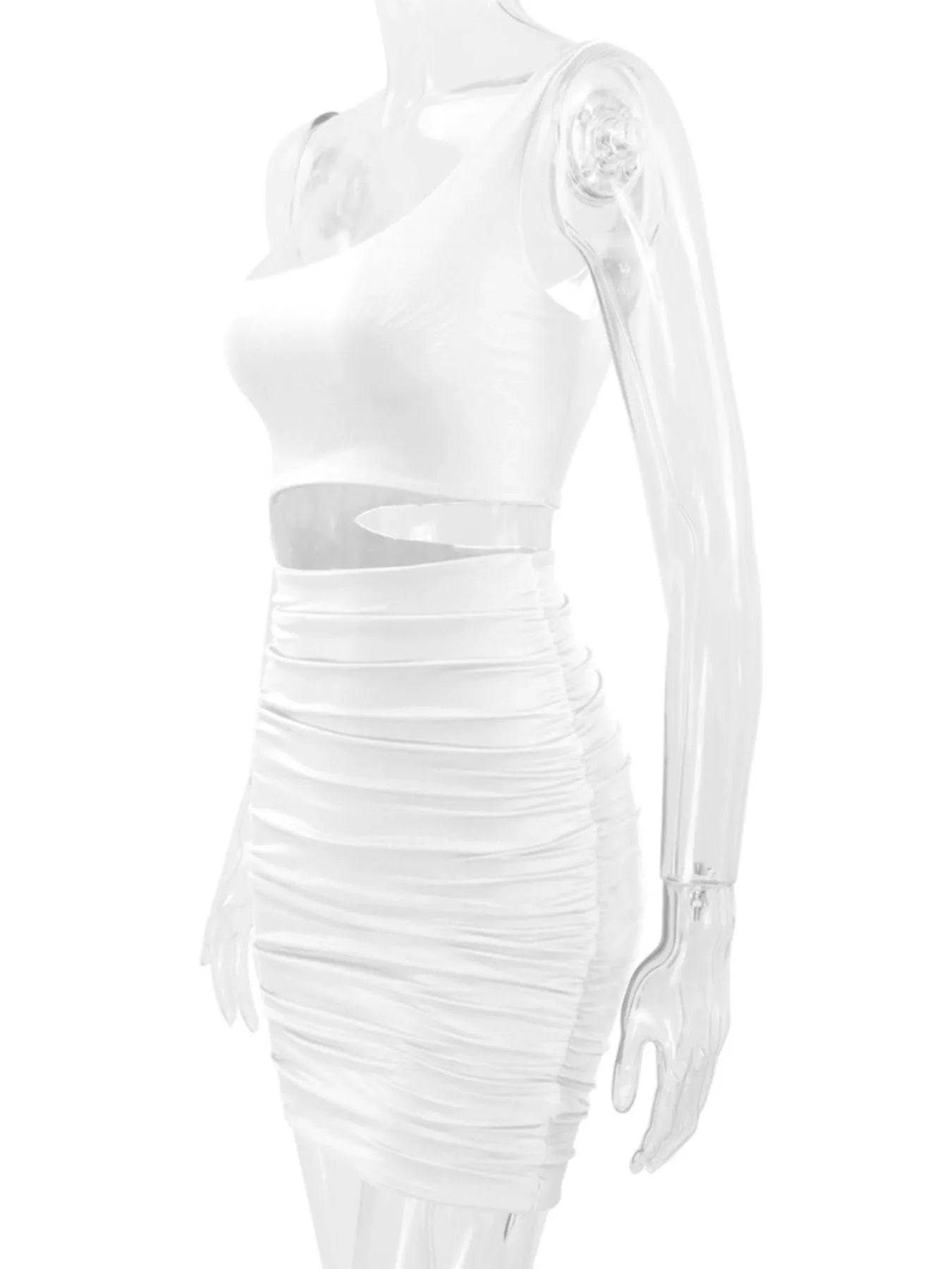 Side view of white one shoulder cutout ruched bodycon mini dress on a clear mannequin