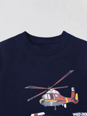 Close-up of dark navy children's t-shirt neckline with red and yellow helicopter graphic