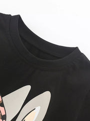 Close view of the black round neckline and the tops of the gray bunny ears