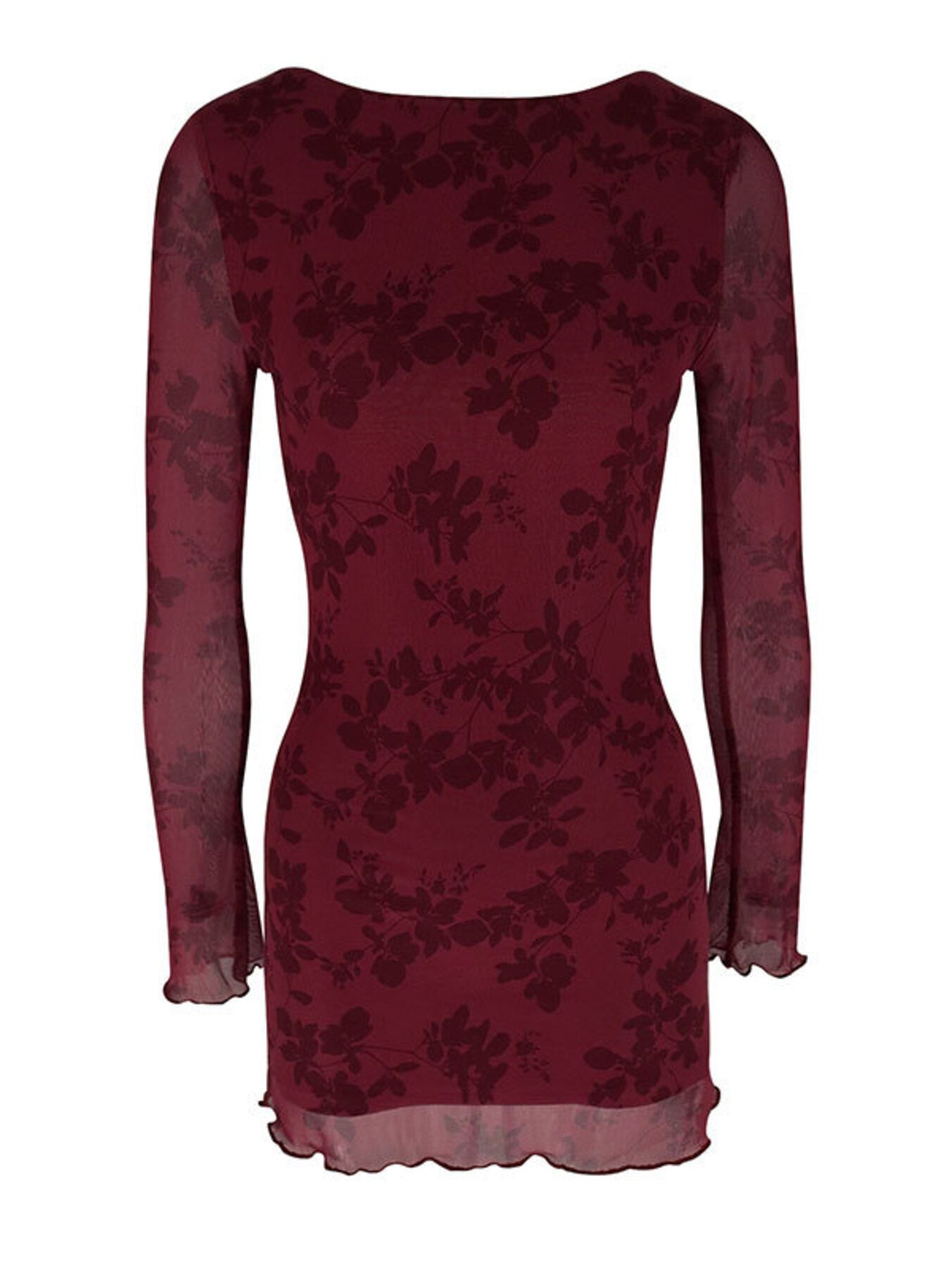 Burgundy floral long sleeve bodycon mini dress with sheer sleeves, back flat view
