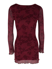 Burgundy floral long sleeve bodycon mini dress with sheer sleeves, back flat view