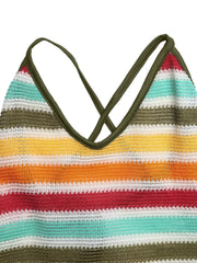 Flat back view of multicolor striped knit bodice with crisscross army green straps