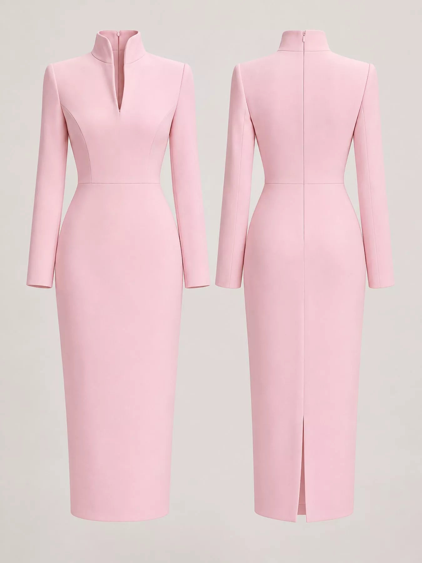 Pink stand collar long sleeve midi dress shown flat from front and back