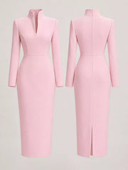 Pink stand collar long sleeve midi dress shown flat from front and back