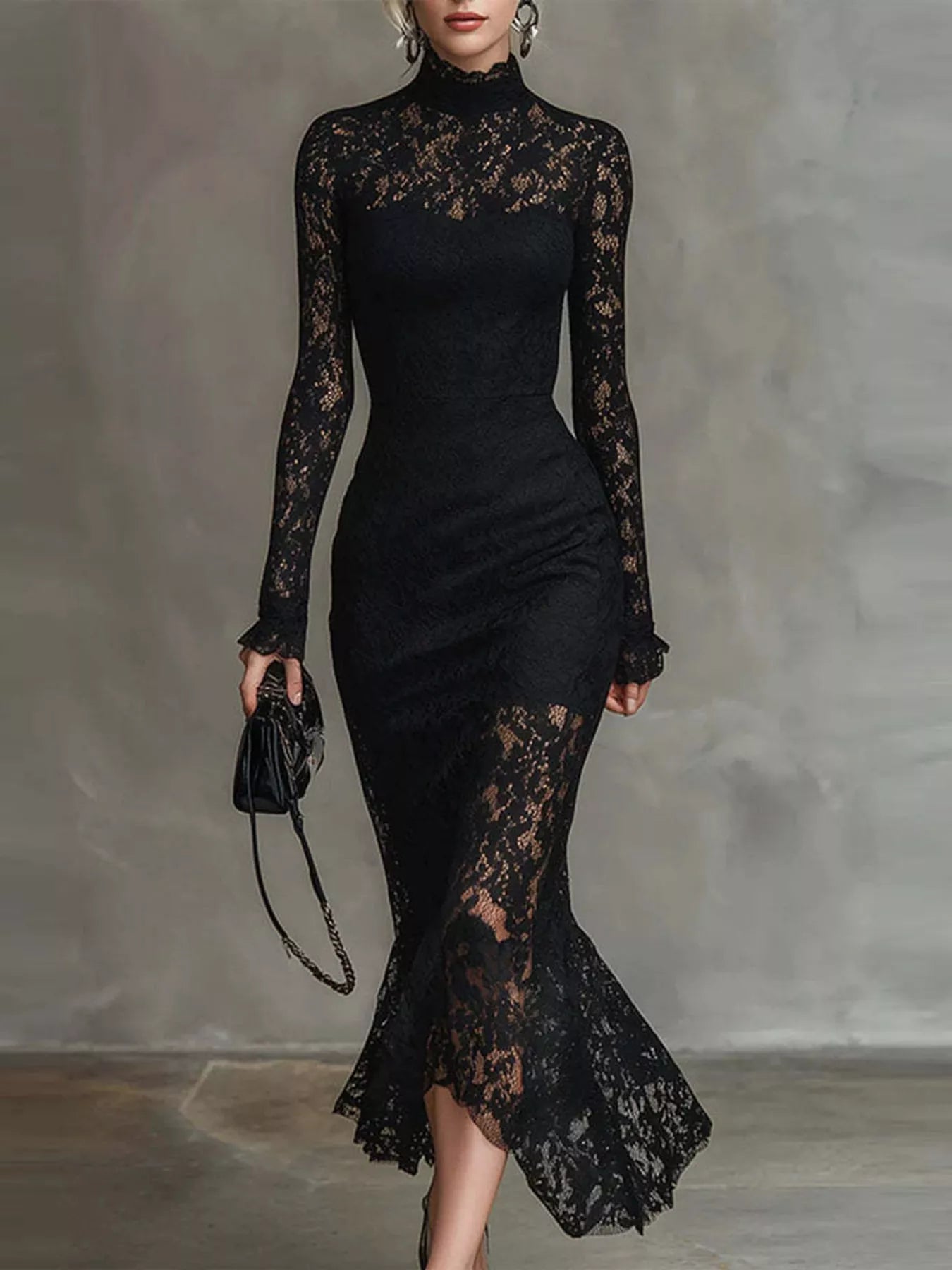Black lace mock neck mermaid midi dress worn full length showing the flared lace hem