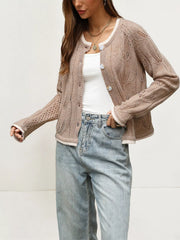 Side angle of the khaki hollow out cardigan with leaf pattern open