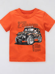 Flat front view of the orange red children's t-shirt with an off road vehicle graphic