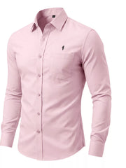 Men's slim-fit button-up shirt with pockets in a cotton-spandex blend.