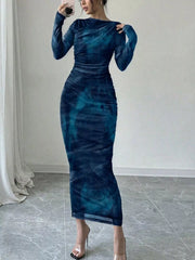 Blue tie dye long sleeve bodycon maxi dress with sheer mesh sleeves in a mirror selfie
