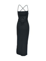 Black bodycon dress with crisscross lace up back detail displayed flat from behind
