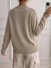 Back view of khaki dropped shoulder long sleeve sweater with ribbed hem