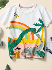 Flat lay front view of a children's white short sleeve tee with dinosaurs under a rainbow and palm tree