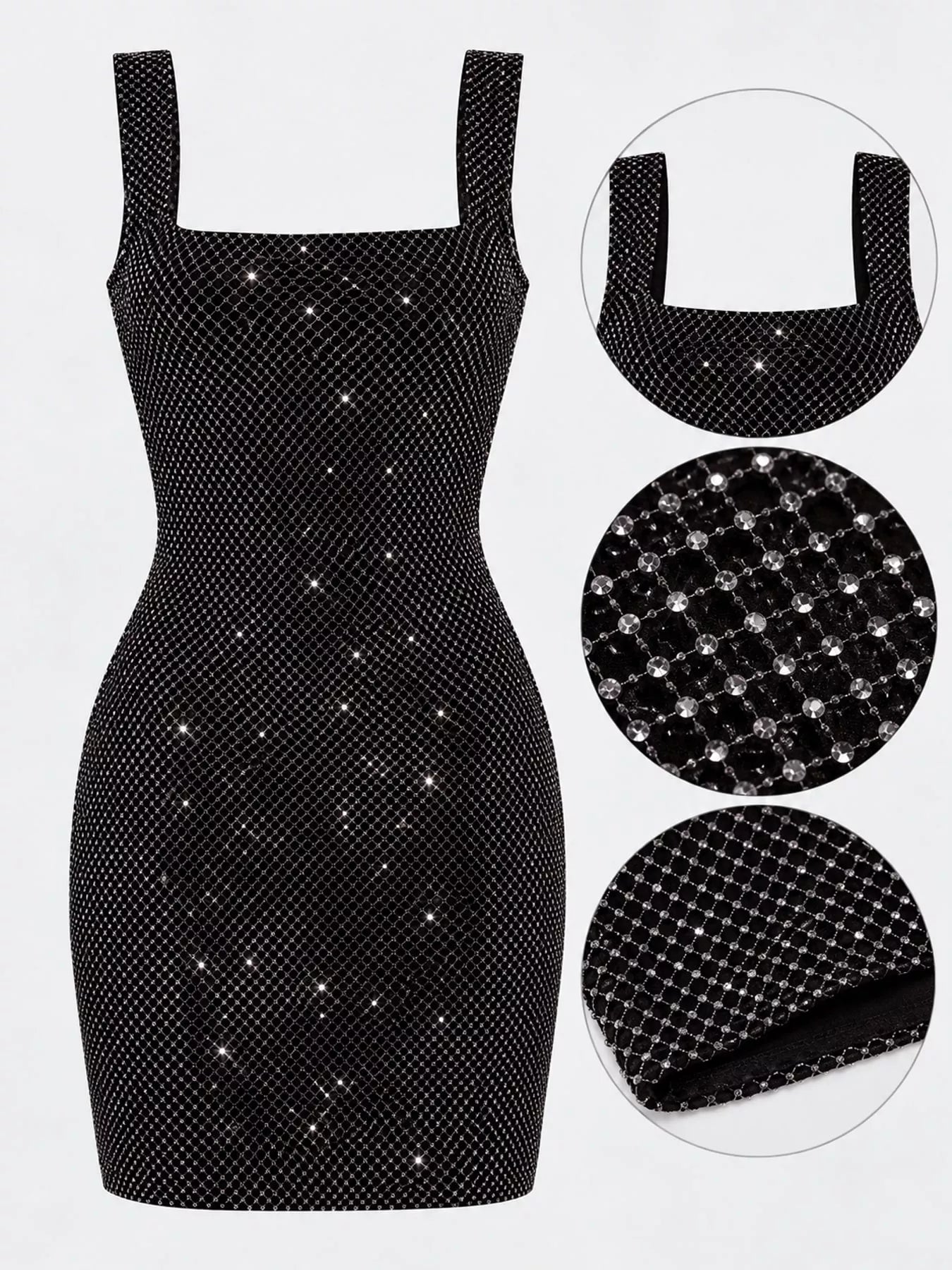 Black rhinestone mesh bodycon mini dress flat with neckline and fabric detail insets