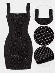 Black rhinestone mesh bodycon mini dress flat with neckline and fabric detail insets
