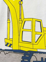 Close-up detail of the yellow excavator cab and tracks on white children's tee