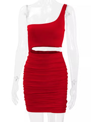 Front view of red one shoulder cutout ruched bodycon mini dress on a clear mannequin