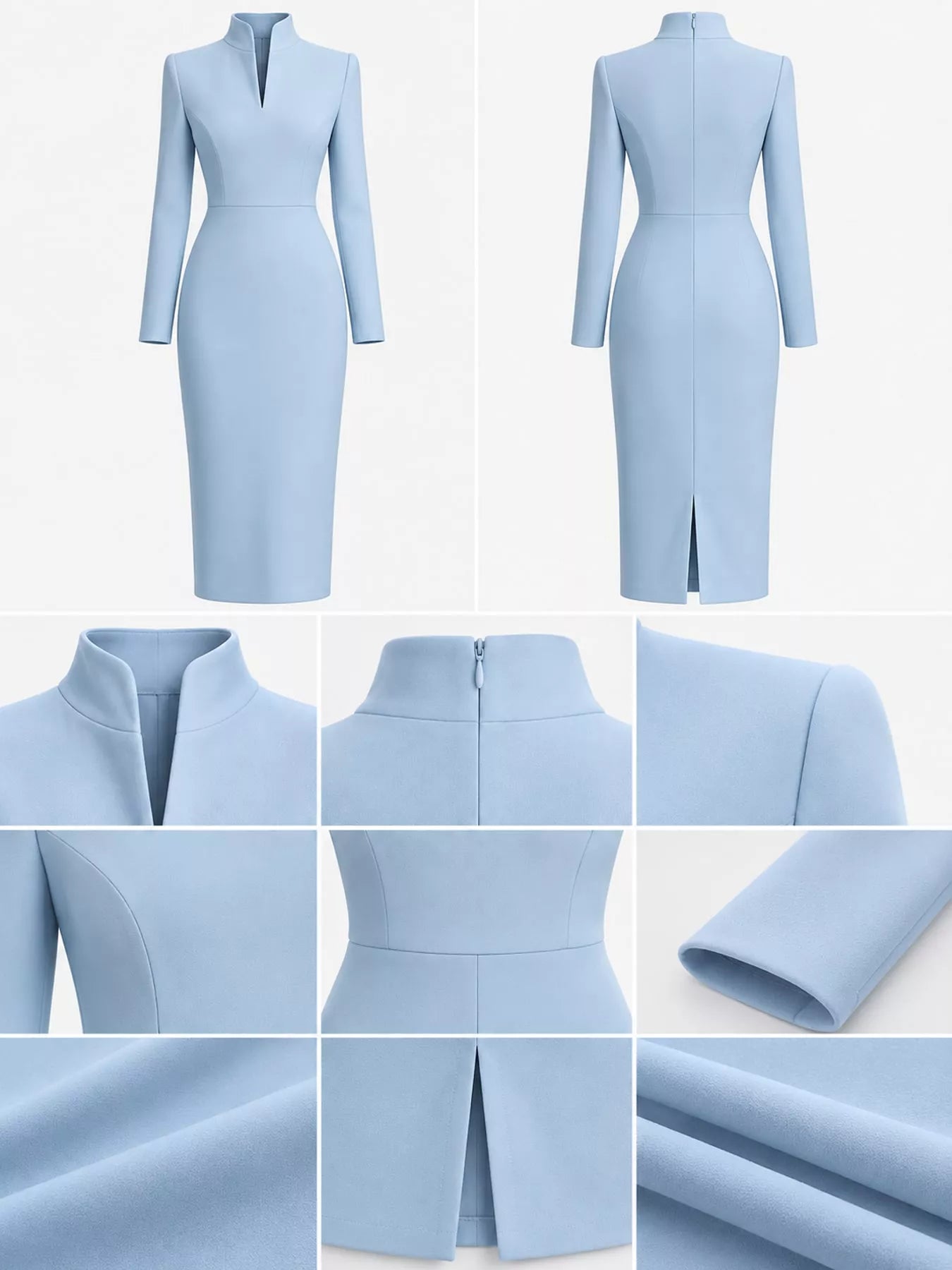 Detail collage of sky blue stand collar midi dress showing front, back, collar and fabric