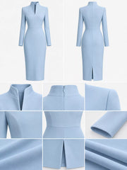 Detail collage of sky blue stand collar midi dress showing front, back, collar and fabric