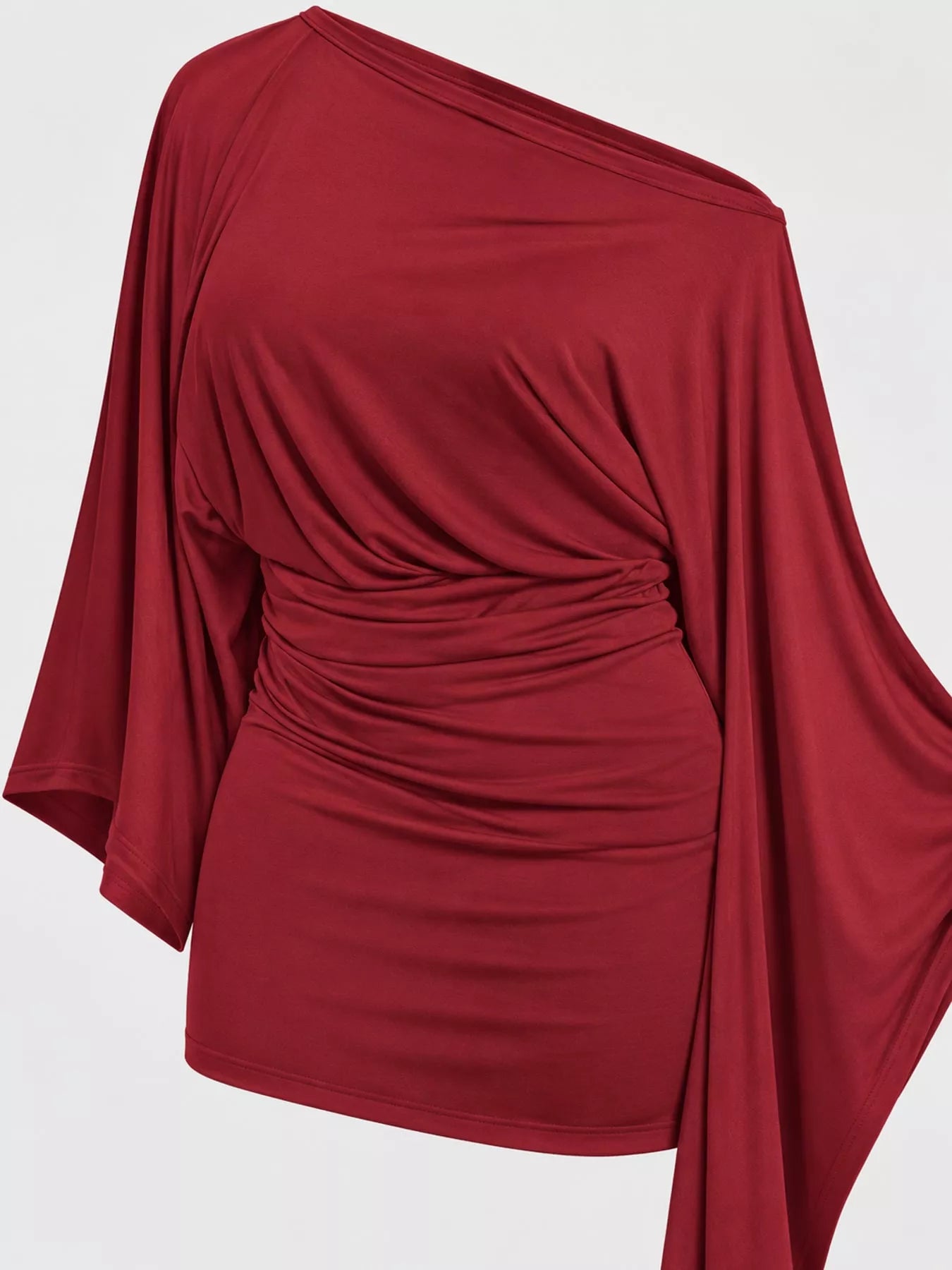 Red one shoulder draped bodycon mini dress shown flat, close bodice and ruched waist