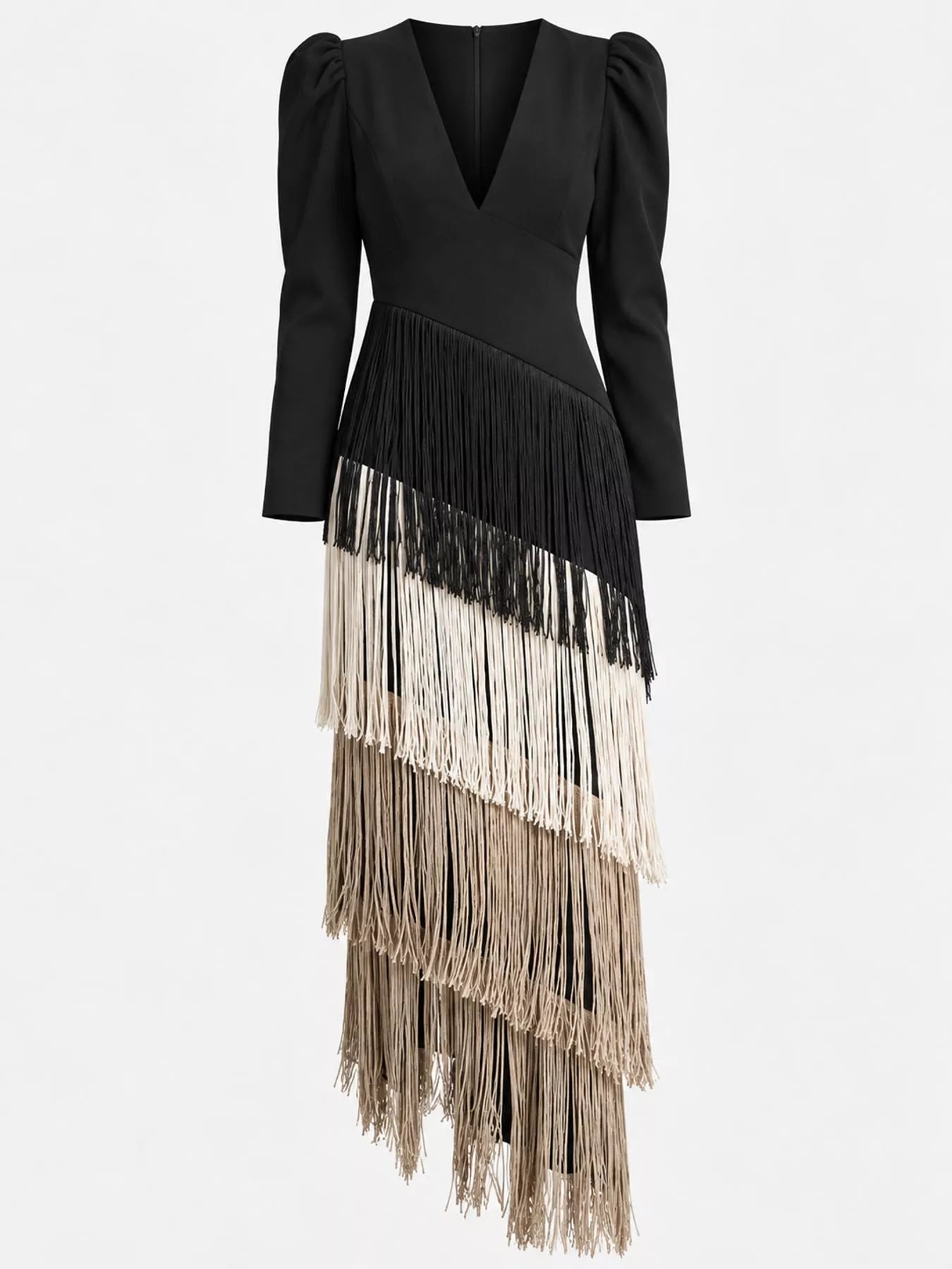 Front studio view of a black fringed maxi dress with cream and taupe fringe tiers