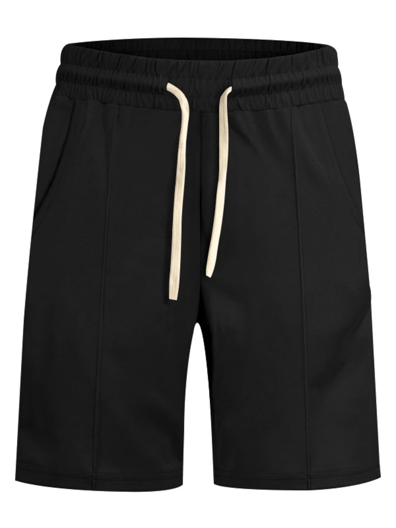 Men's black casual shorts with a drawstring waist and pockets.