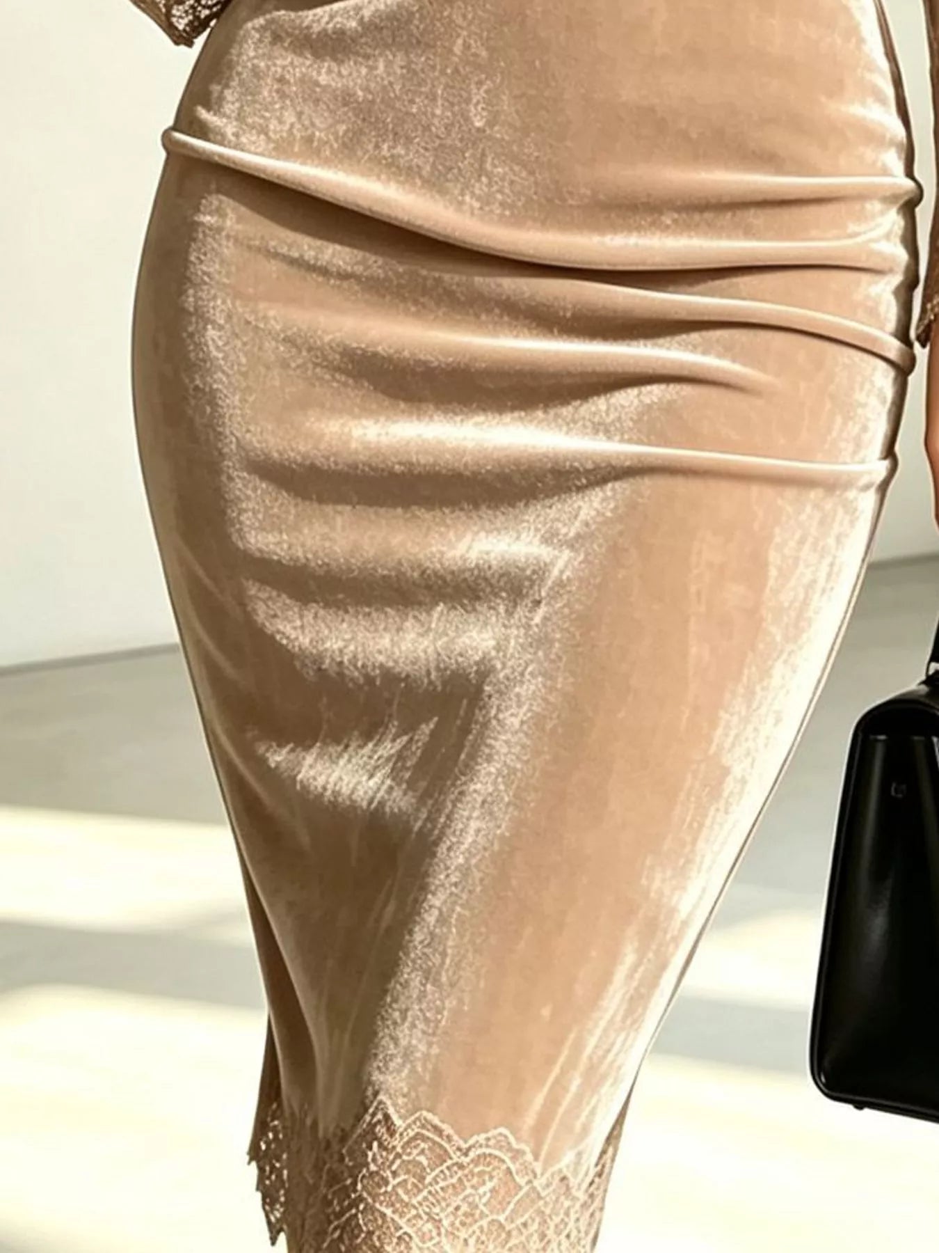 Detail view of the velvet skirt and lace hem of a khaki long sleeve bodycon dress