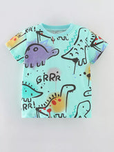 Multicolor children's crew neck short sleeve t-shirt with playful dinosaur print, front flat view