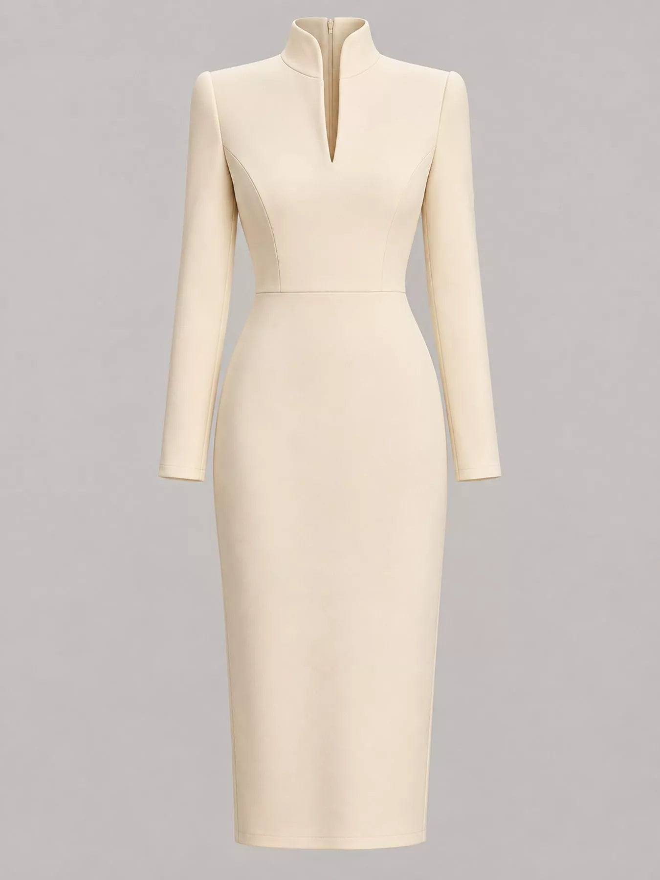 Pale apricot stand collar long sleeve midi dress shown flat from the front