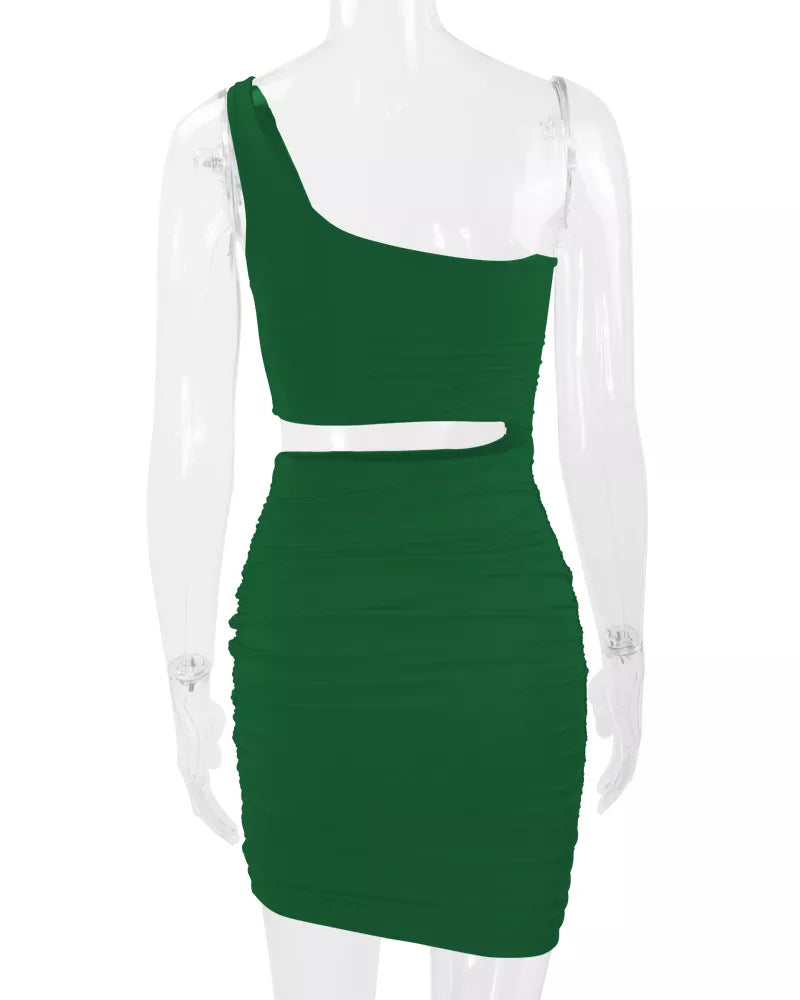 Back view of army green one shoulder cutout ruched bodycon mini dress on a clear mannequin