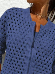 Close up of the blue crochet cardigan upper zip and openwork pattern