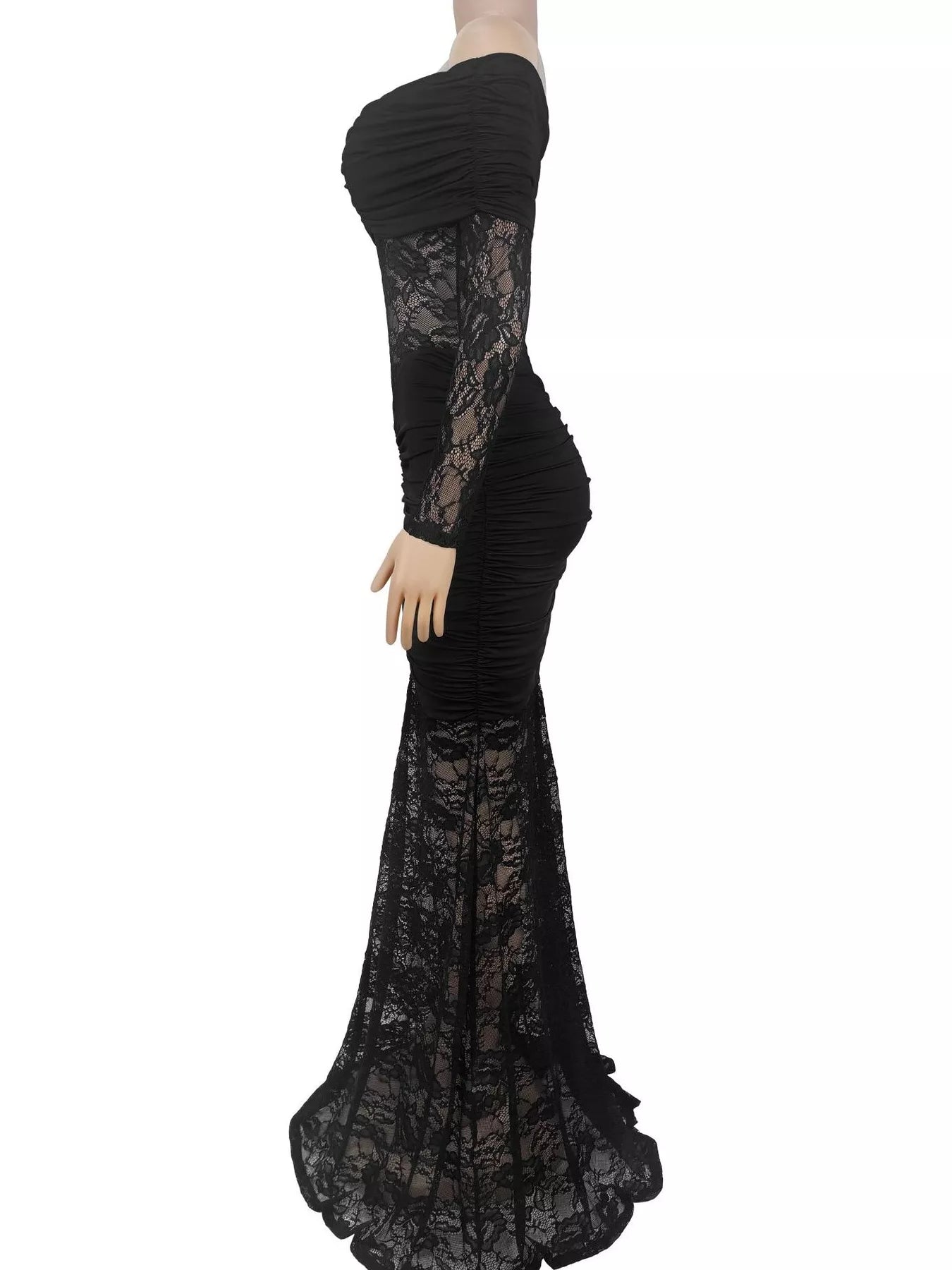 Black off shoulder maxi dress on mannequin, side view showing ruched waist and lace