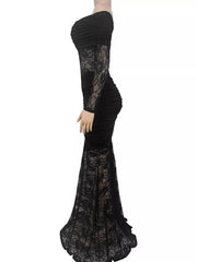 Black off shoulder maxi dress on mannequin, side view showing ruched waist and lace