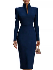 Navy stand collar long sleeve midi dress worn against a white background, front view