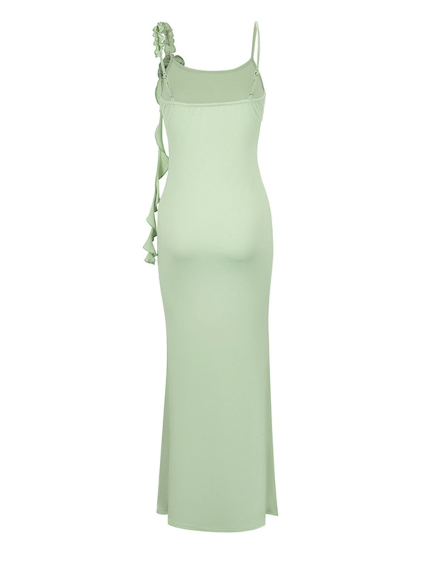 Flat back view of a light green floral bodycon mermaid maxi dress on a white background