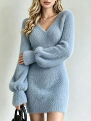 Sky blue fuzzy knit sweater dress with V neck and long puff sleeves, front view