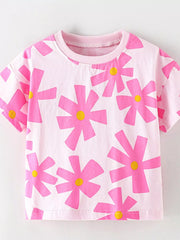 Flat front view of light pink children's t-shirt with bold pink floral print